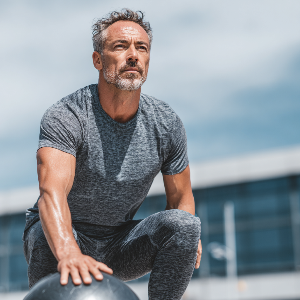 Healthy fit man in his early 50s doing functional training exercises outdoors, demonstrating balance and flexibility