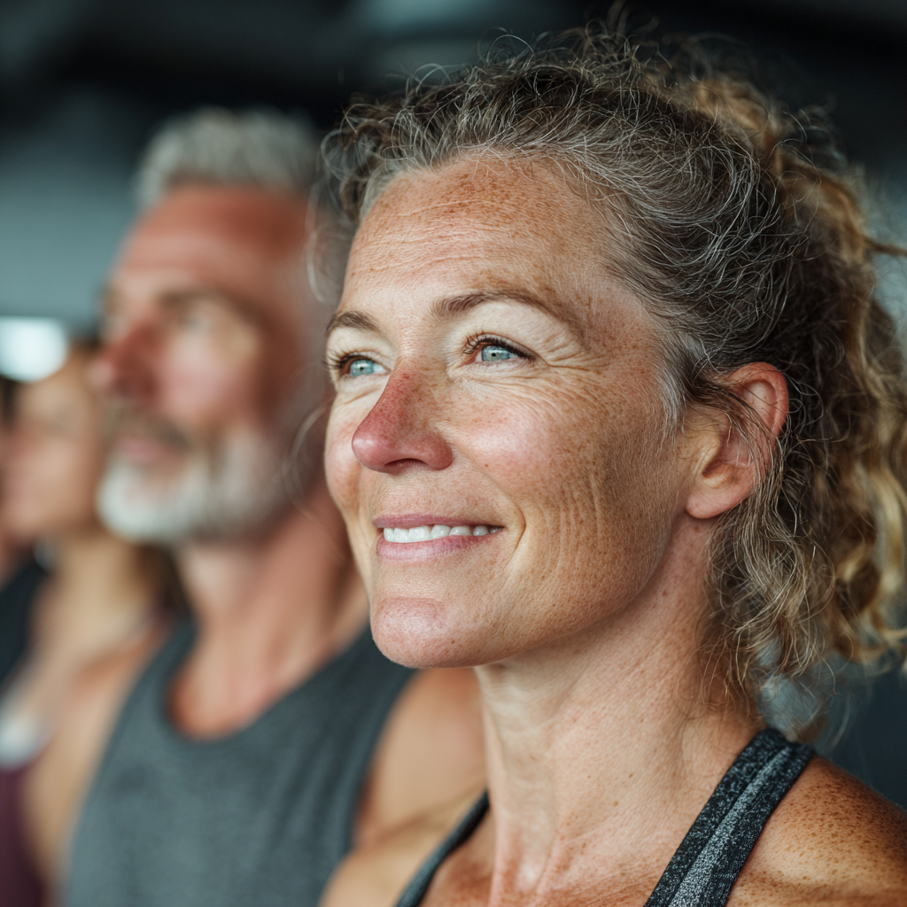 Mature adults aged 45-55 participating in group fitness class, doing cardio exercises together in bright modern studio